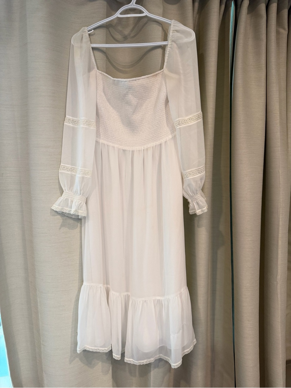 Aritzia White Long-Sleeve Midi Dress with Smocked Bodice